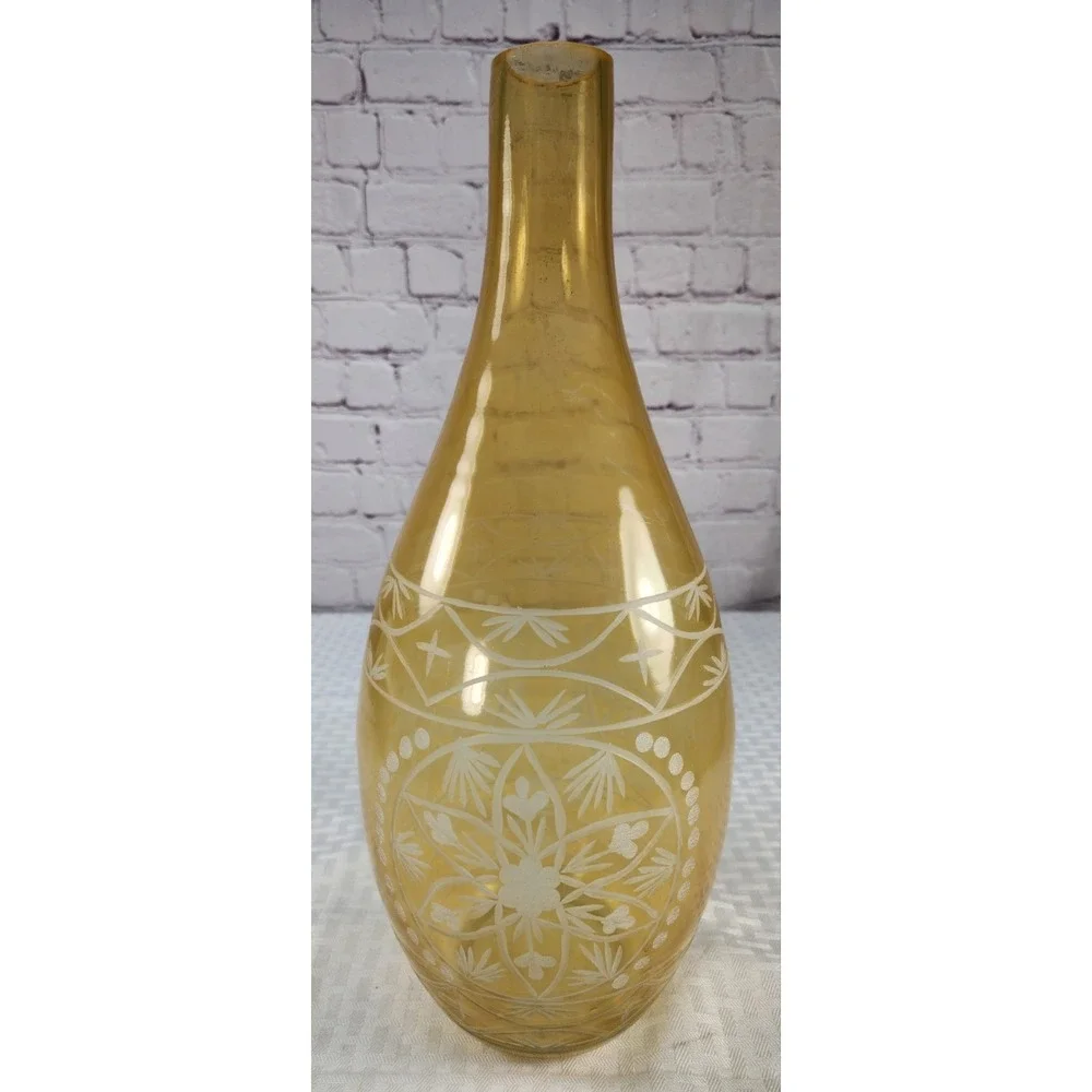 Large Intricately Etched Glass Bottle Handmade Yellow Vase Art Decor 14.75